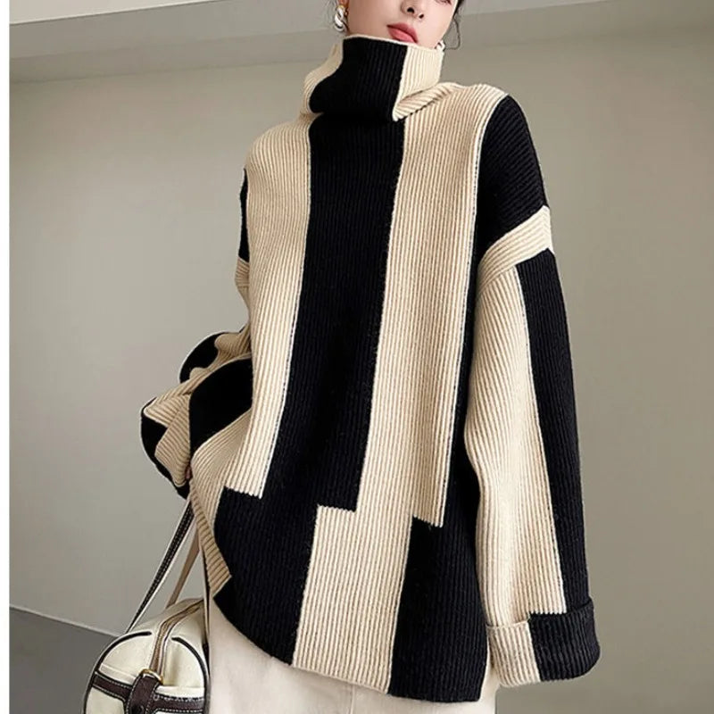 Women's Autumn Winter Fashion Elegant High Neck Pullover Long Sleeve Jumpers Striped Knitwear Casual Sweaters Western Style Tops SwiftNest