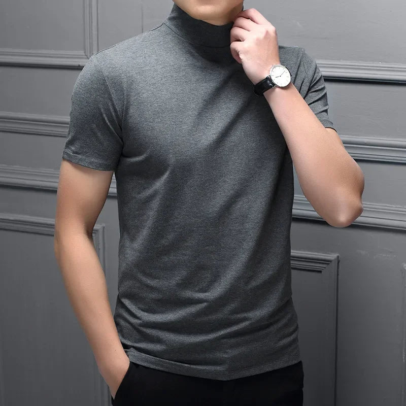Mens Fashion T-shirt Mock Turtleneck Solid Knit Pullover Sweater Short Sleeve Casual Solid Color Dating Slim Fit Tops Undershirt