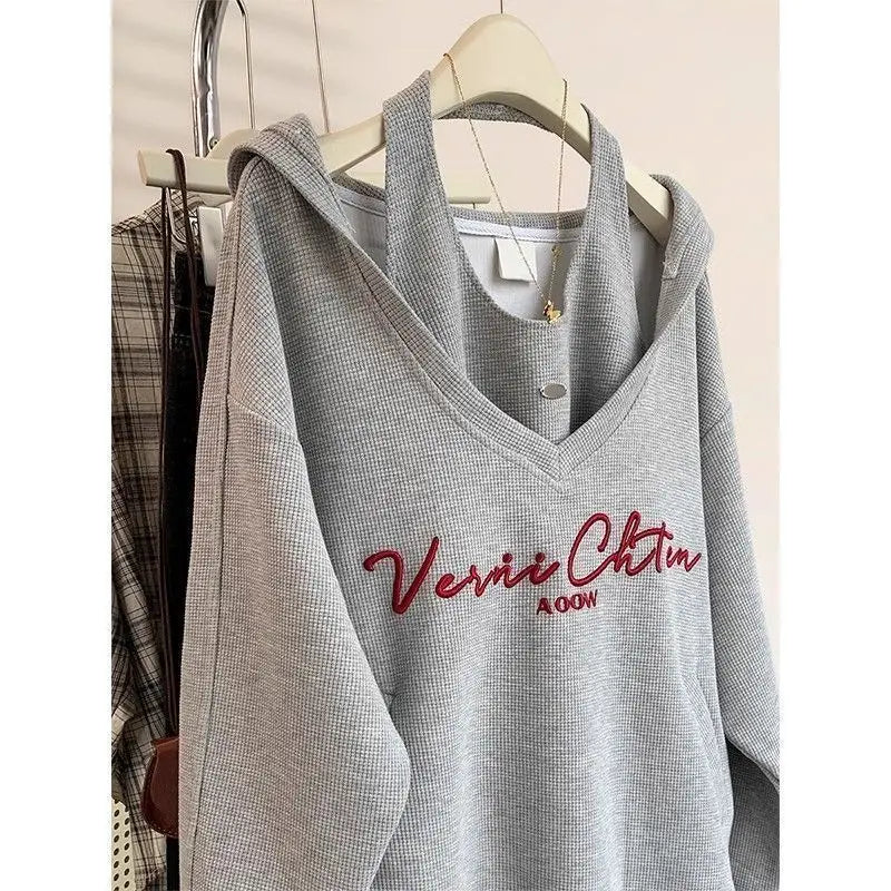 Women Clothing Winter Fashion Korean Printing Solid Color Two-piece Set Hoodies Female Fashionable Appear Thin Loose Long Sleeve