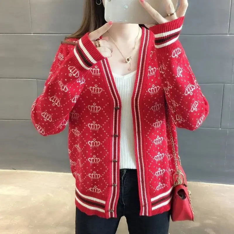 Women's Clothing Casual Loose V-neck Soft Thick Lazy Sweaters Autumn Winter Fashion Striped Commute Basic Knitted Cardigan SwiftNest