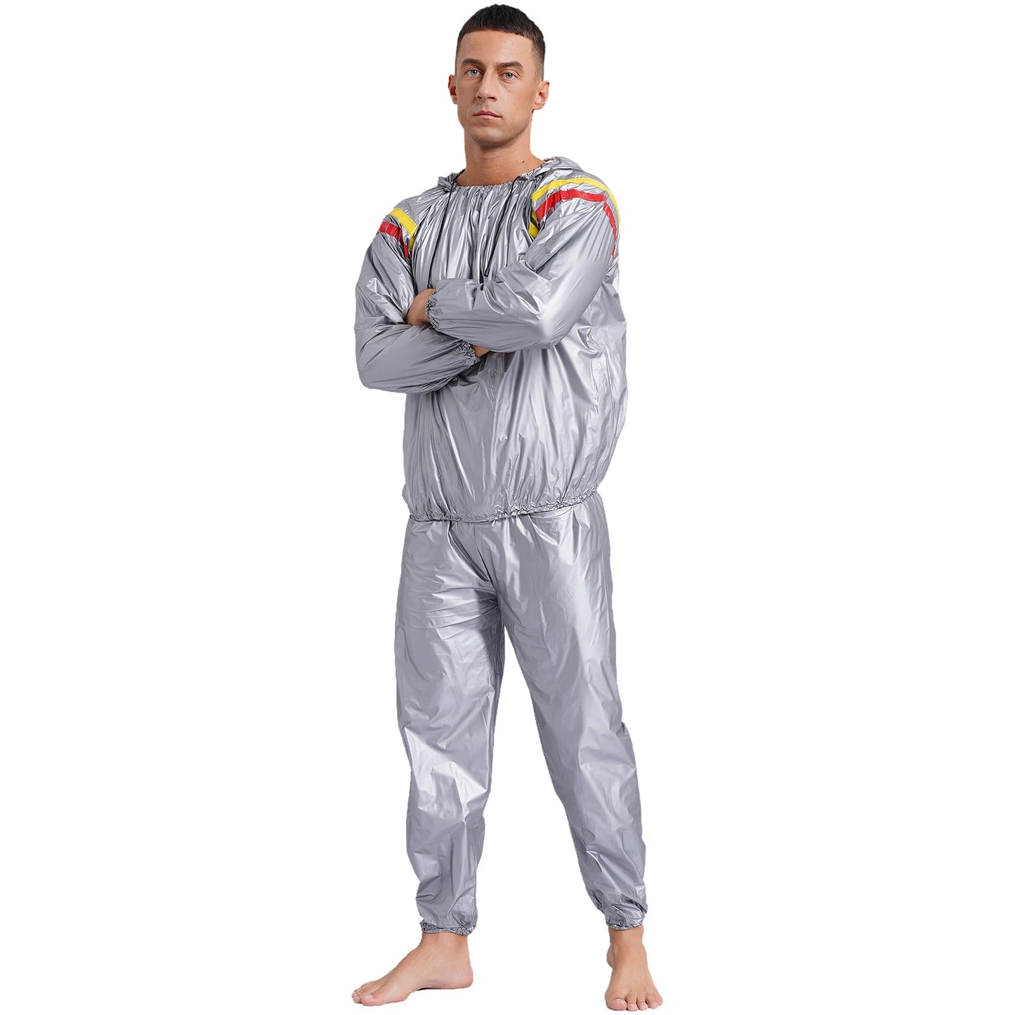 Mens Sports Outfits Sauna Sweat Sets Long Sleeve Hooded Jacket Outerwear and Long Pants PVC Sweating Suit for Gym Workout Yoga