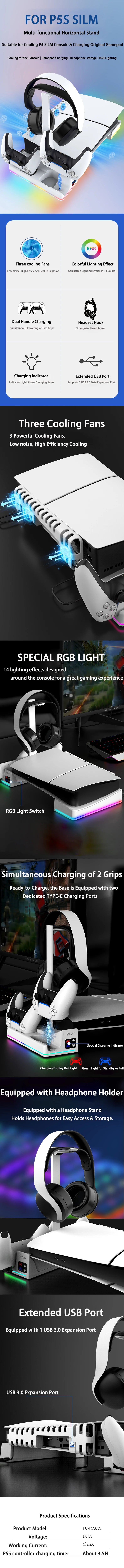 IPEGA Multi-Functional Horizontal Stand for PS5 Slim/Pro Console with Dazzling RGB Colors Equipped with 3 Cooling Fans PG-P5S039