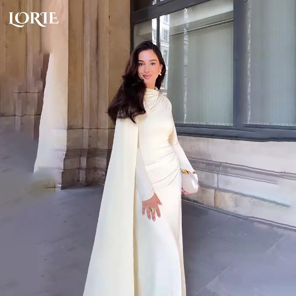 LORIE Modest Crepe Saudi Evening Dresses Elegant Flared Long Sleeves A-Line Pleats Arabia Prom Gown Party Dresses Customized