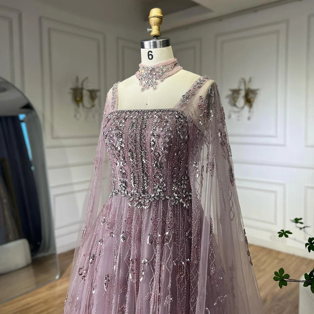 Serene Hill 2025 Arabic Nude A Line Cape Sleeve Crystal Beaded Luxury Evening Dresses Gowns Formal Occasion Customize BLA72764