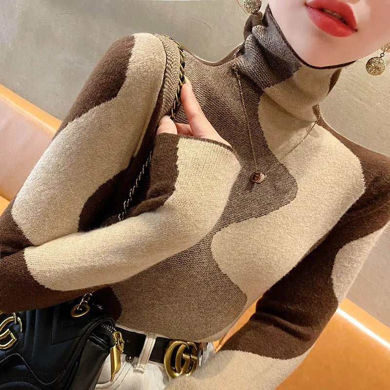 Women Clothing Vintage Fashion Slim Turtleneck Sweaters Autumn Winter Elegant Chic Patchwork Knit Pullovers Office Lady Tops