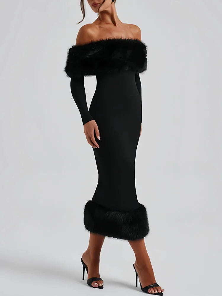 Women's clothing 2025 autumn and winter new fashion fur collar long sleeved temperament slim evening dress dress