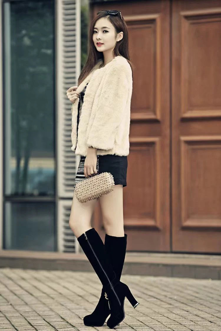 Ankle Metal Belt Buckle Metal Chain Frosted Flock Women's Elastic Boots Platform Ultra-High Thick Heel Zipper Knee High Boots