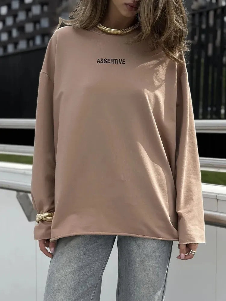 Women's Clothing Spring Loose Solid Color Round Neck Long Sleeve Tops Casual Fashion Simple Style All-match Trendy Comfortable
