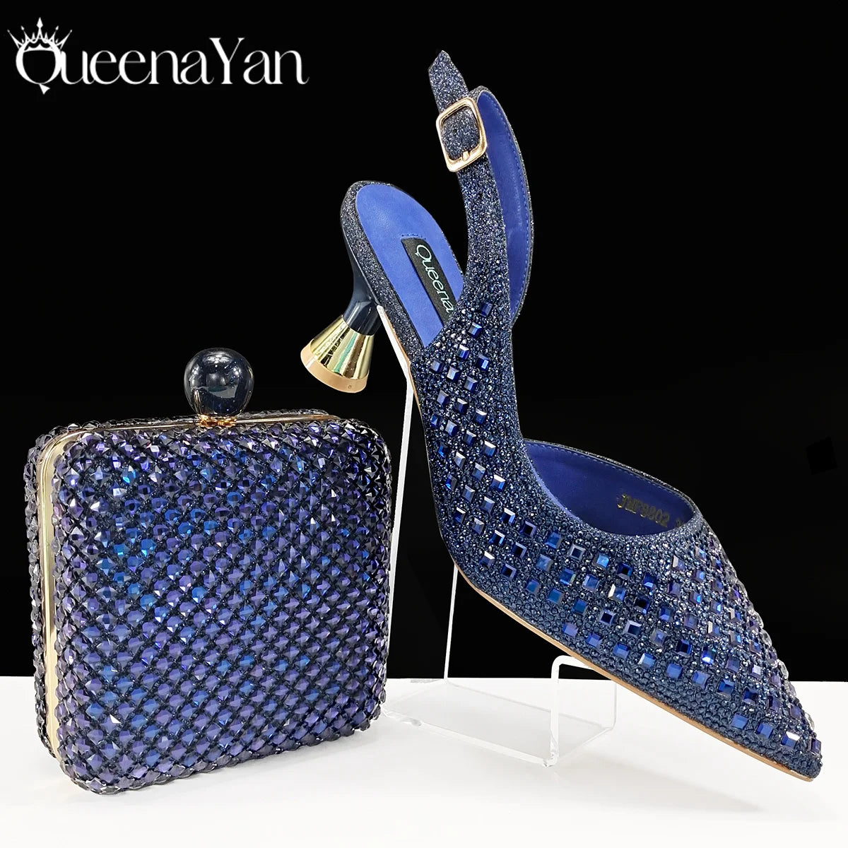 Queena Yan Italian Design Rhinestone Luxury Green Colour Pointed Toe Shoe & Bag Set Women's High Heels for Parties High Quality