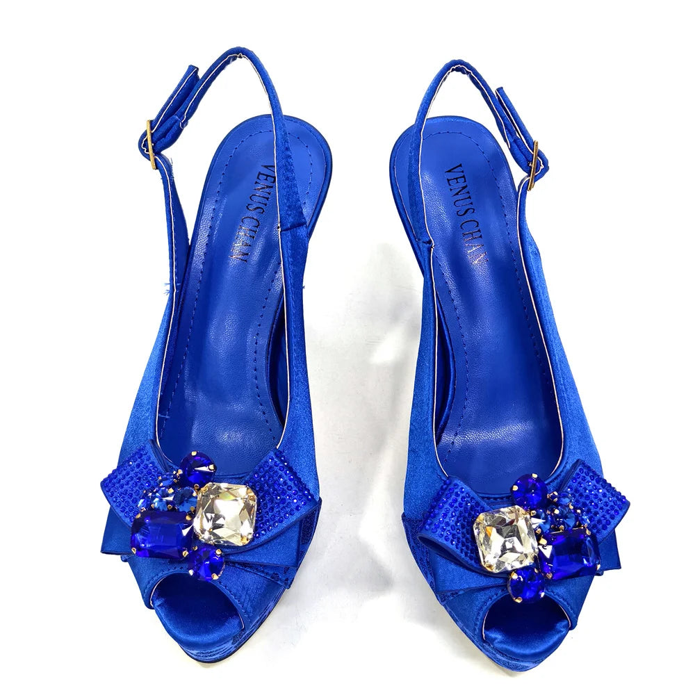 Venus Chan Nigerian Women Heel Party Shoes and Bag Set Royal Blue Colour Rhinestone Handbag Italian Design Wedding INS 2024