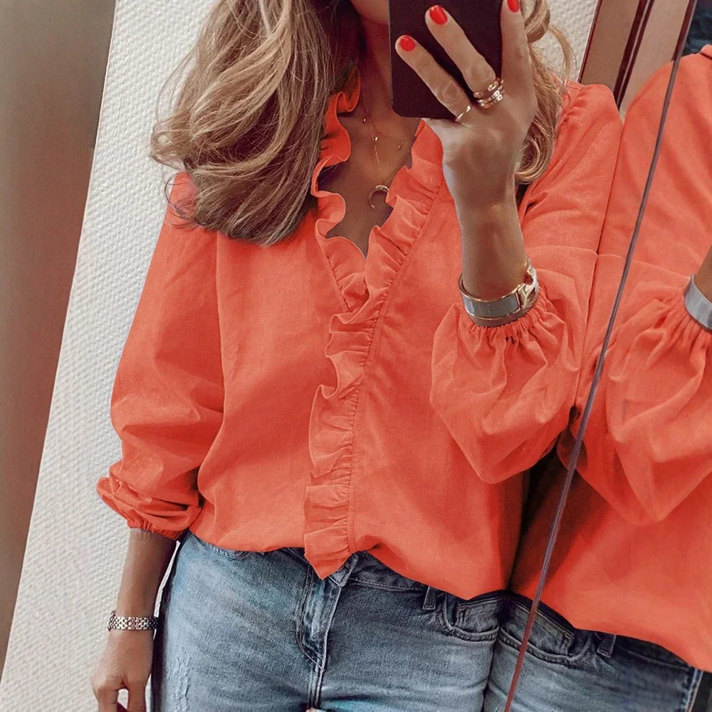 Women’s Autumn Fashion 2025 Soft Flounce Detail V-Neck Shirt with Voluminous Cuff Sleeves for a Cozy and Cute Vibe SwiftNest