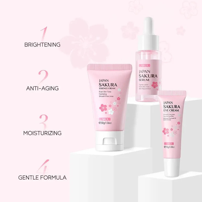 3pcs/set LAIKOU Skin Care Set Vitamin C Sakura Snail Essence Serum & Eye Cream & Face Cream Moisturizer Travel Size Skincare Set