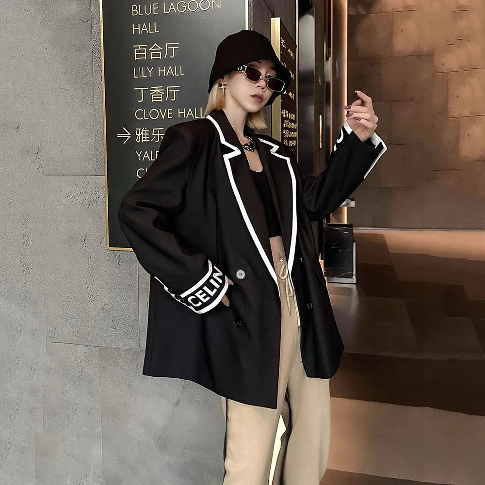 Women Fashion Jacket Wedding Casual Business High Quality Black Blazer Suit Coat Ladies Double Breasted Letter Long Sleeve Tops