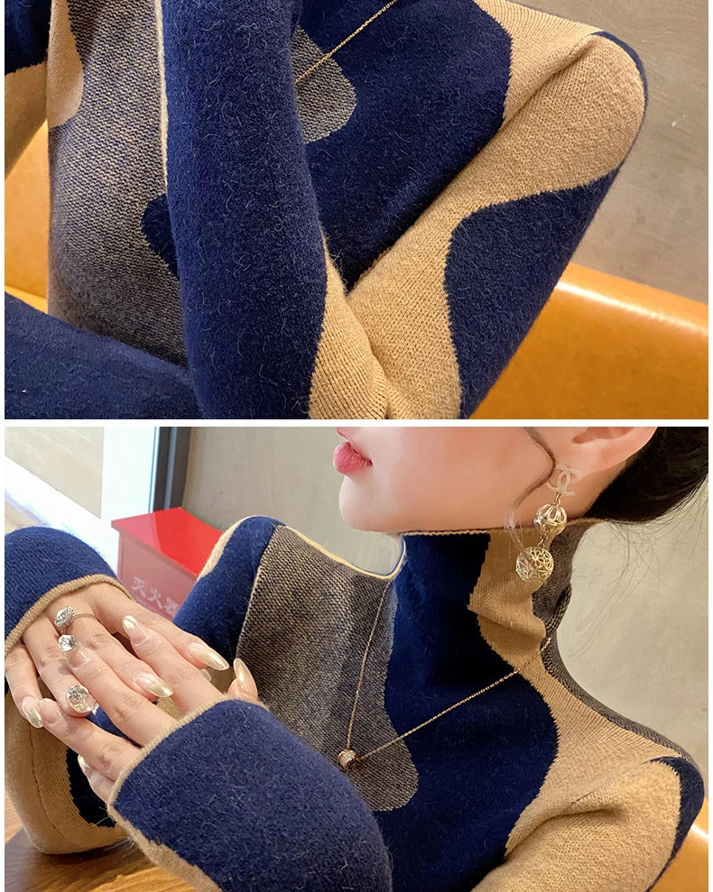 Women Clothing Vintage Fashion Slim Turtleneck Sweaters Autumn Winter Elegant Chic Patchwork Knit Pullovers Office Lady Tops