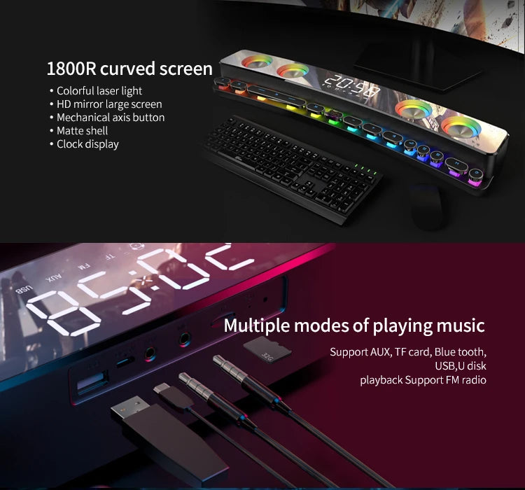 مكبرات صوت بلوتوث عالية الجودة، شريط صوت RGB ثلاثي الأبعاد، ستيريو محيطي، مضخم صوت، AUX، راديو FM، ساعة منزلية، كمبيوتر، مركز موسيقى، جديد وجذاب