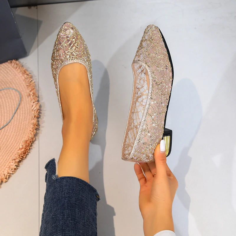 2024 Spring Summer Fashion New Casual Shallow Breathable High Heels Elegant Square Toe Thick Heel Mesh Women's Shoes NO:C1502