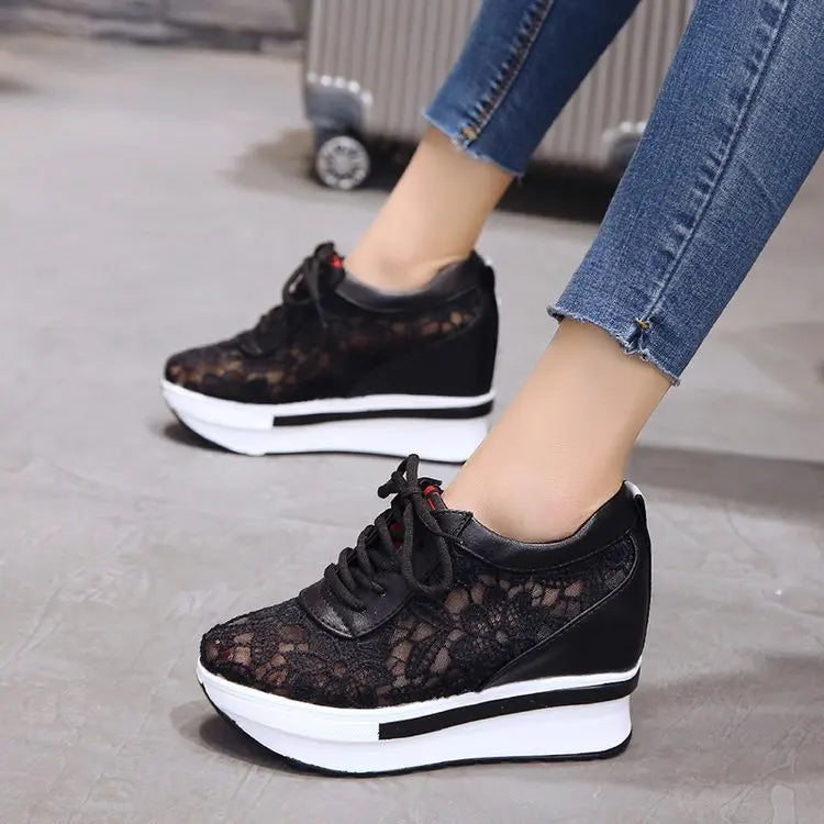 Womens Wedge Heel Block Heel Sandals Mesh Surface Women Shoes Breathable Casual Shoes Lace Up Tenis Thick Sole Sneakers