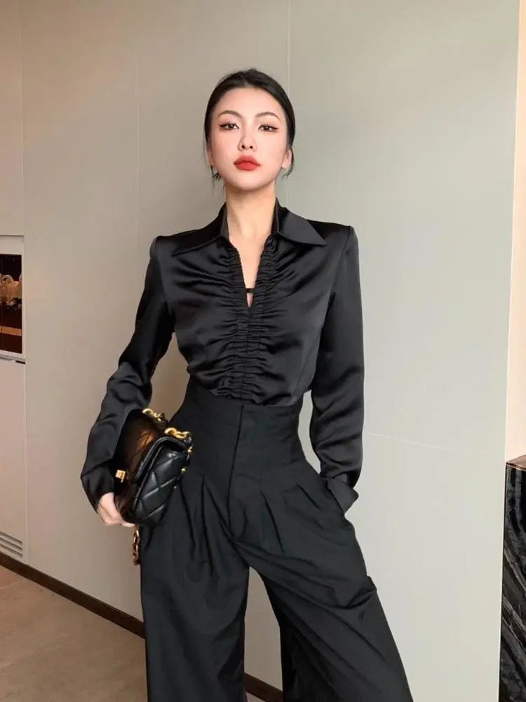 Women French Style Vintage Satin Luxury Designer Shirts Spring Autumn Fashion Elegant Blouse V Neck Long Sleeve Tops Chic Blusas SwiftNest