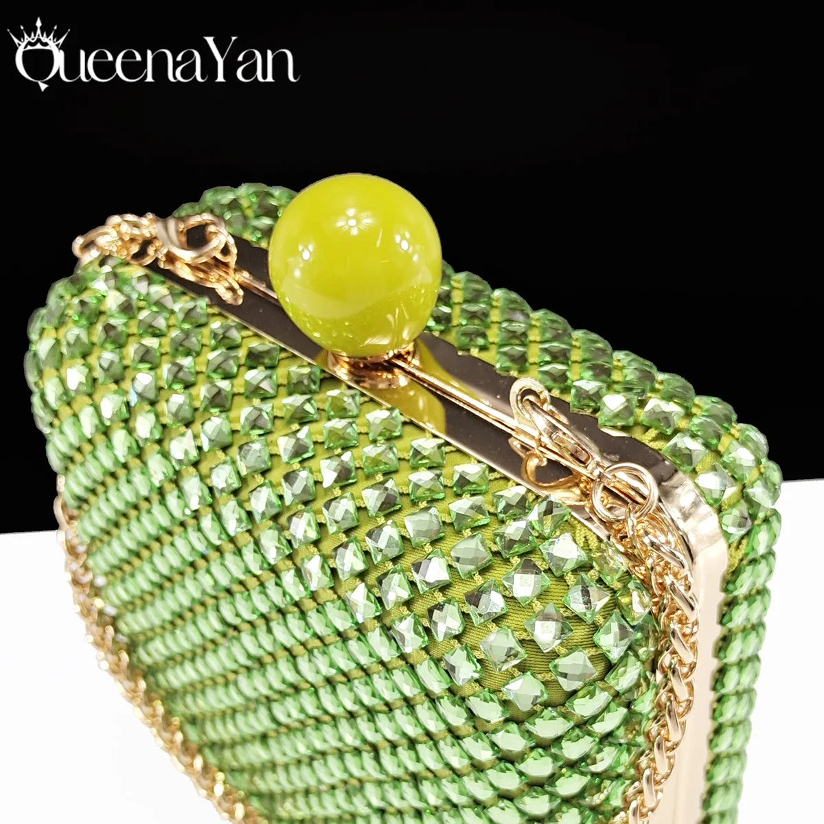 Queena Yan Italian Design Rhinestone Luxury Green Colour Pointed Toe Shoe & Bag Set Women's High Heels for Parties High Quality