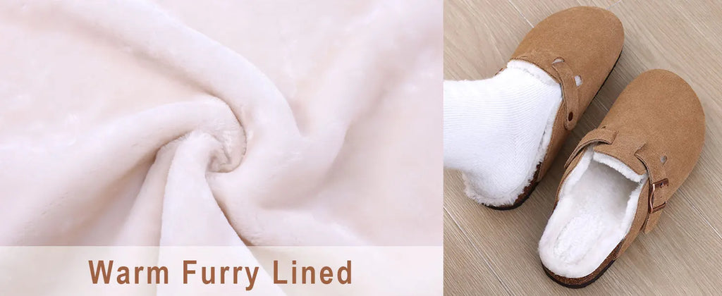 Crestar Women's Fur Lined Suede Clogs Winter Warm Fuzzy Cork Footbed Mules Unisex Cow Suede Potato Shoes Support Drop Shipping