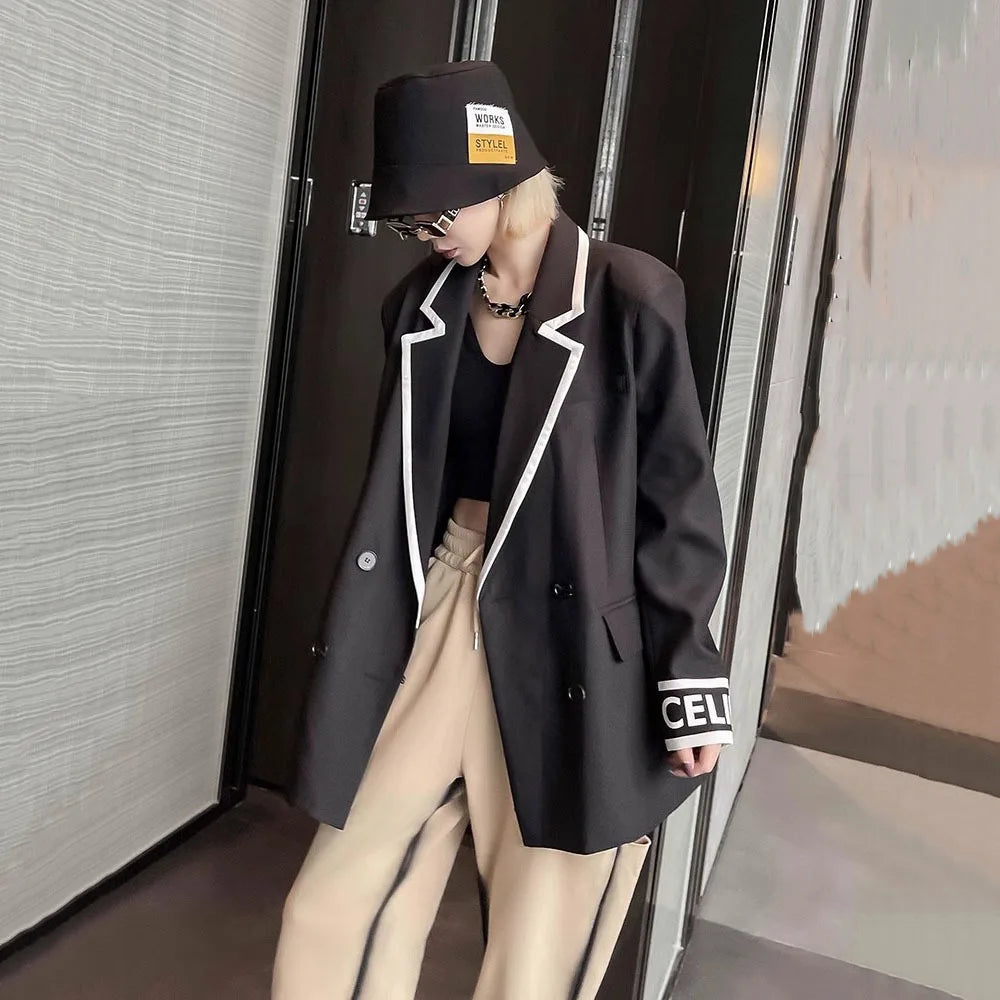 Women Fashion Jacket Wedding Casual Business High Quality Black Blazer Suit Coat Ladies Double Breasted Letter Long Sleeve Tops