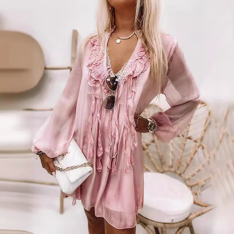 Women's Fashion Summer Beach Style Dress For Women Ruffles Tassel Tie Up Sexy V-neck Loose Solid Color Long Sleeves Dress Women SwiftNest