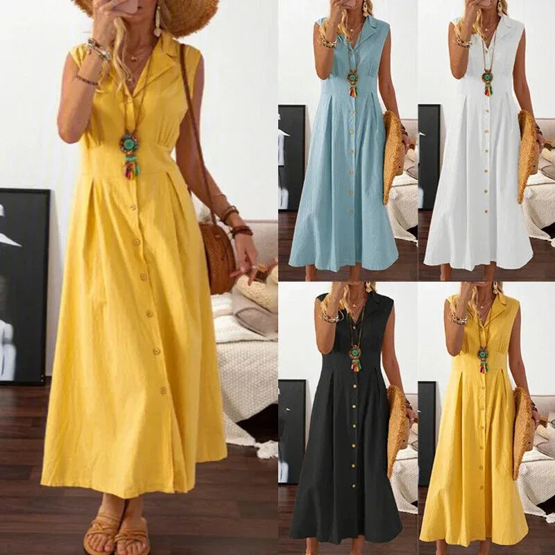 New Dresses 2025 Woman Fashion Lapel A-line Vintage Cotton Linen Long Skirt Women's Clothing Tops SwiftNest