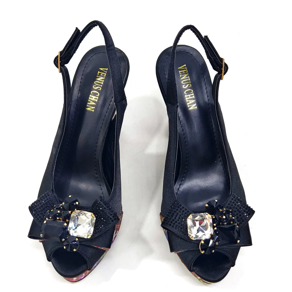Venus Chan Nigerian Women Heel Party Shoes and Bag Set Royal Blue Colour Rhinestone Handbag Italian Design Wedding INS 2024