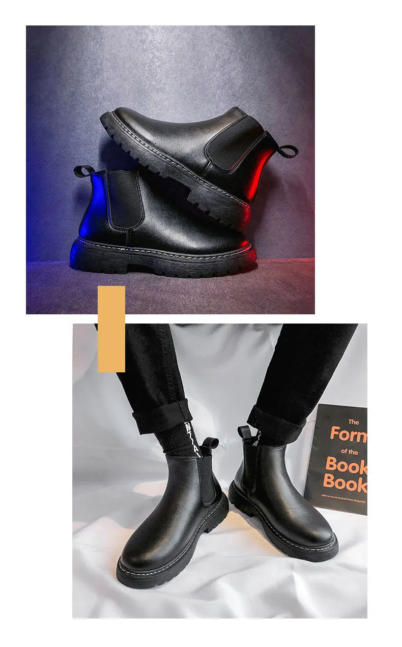 Mens Handmade Leather Chelsea Boots Elastic Sides Business Casual Dress Shoes Anti Slip Sole Comfortable Black Footwear