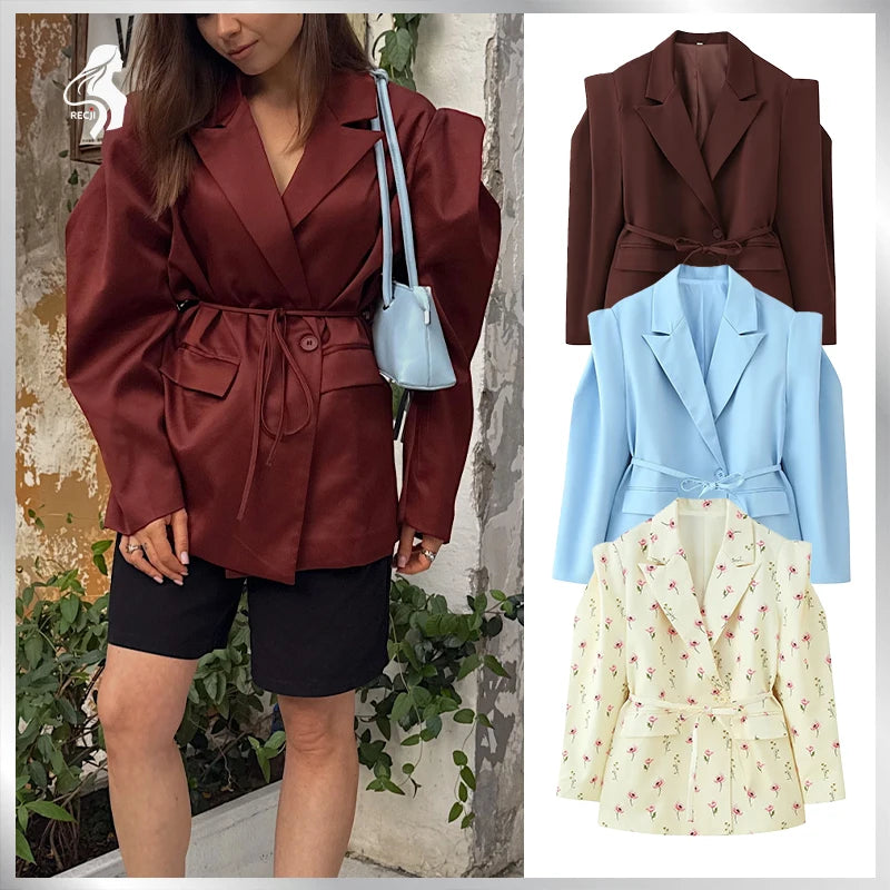 Womens Fashion Blazer Wide Shoulders Waist Tie Long Sleeve Blazer Stylish And Versatile Suitable For Workplace And Casual Wear