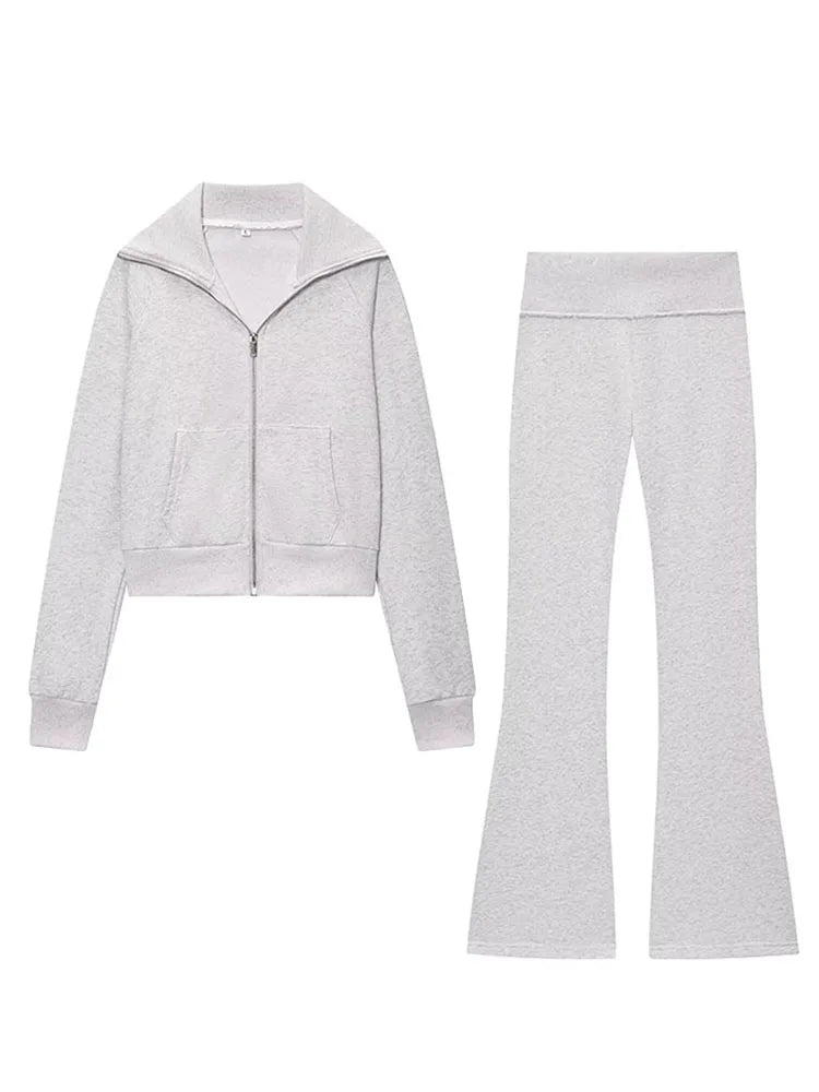 HH Women Autumn Fashion Sets Solid Turn-Down Collar Long Sleeves Pockets Zipper Slim Short Coat+Casual Elastic Waist Long Pants SwiftNest