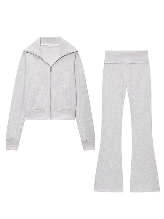 HH Women Autumn Fashion Sets Solid Turn-Down Collar Long Sleeves Pockets Zipper Slim Short Coat+Casual Elastic Waist Long Pants SwiftNest