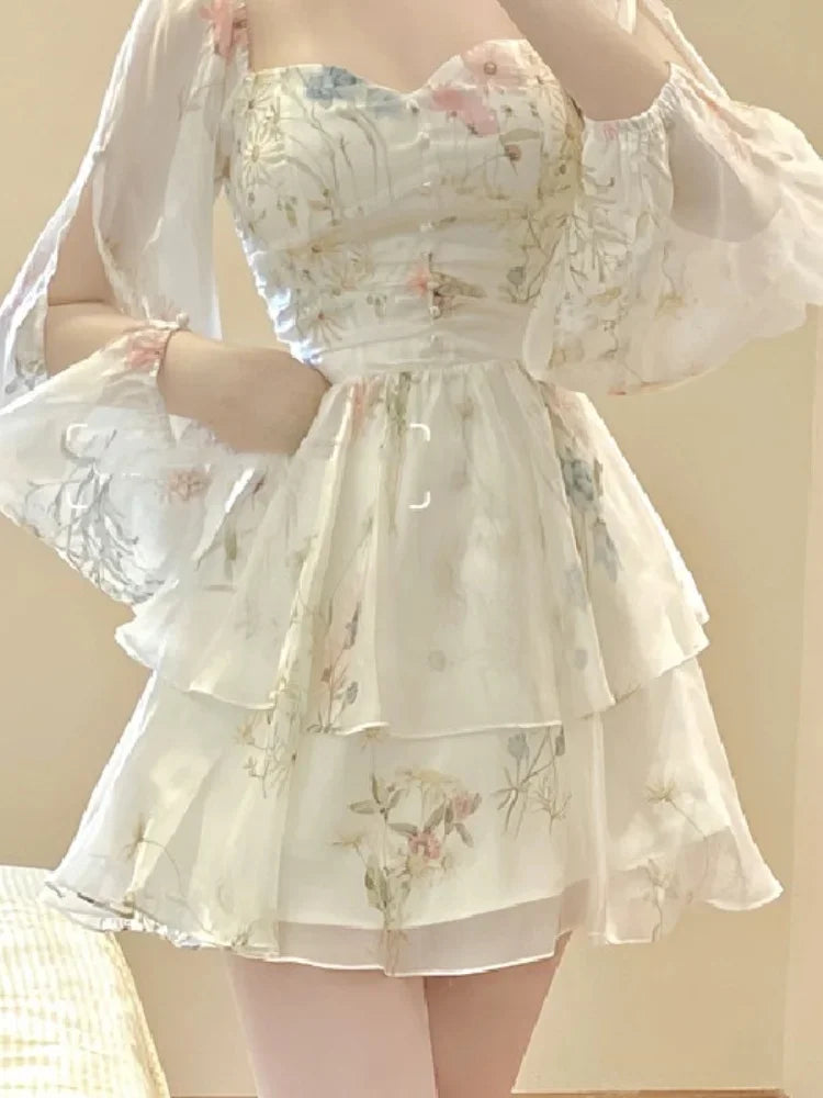 Womens French Dress Party 2024 Autumn Spring New Fashion Women's Floral Aesthetic Beautiful Casual Female Sexy Mini Dresses