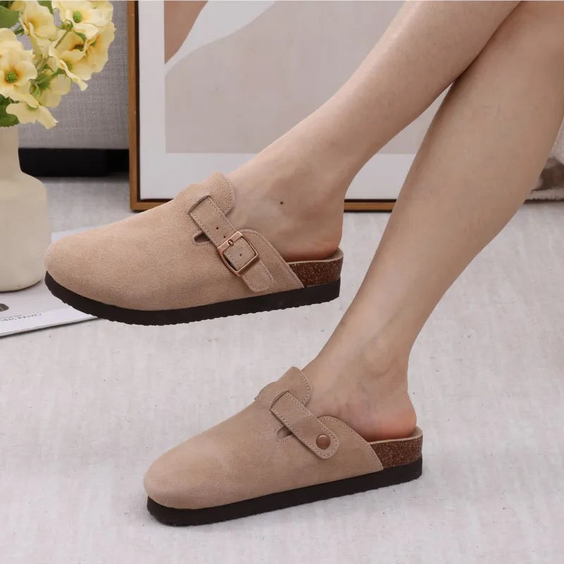 Gacimy Women's Suede Clogs with Arch Support Retro Leather Flat Mules Lady Cork Footbed Sandals Unisex Classic Clogs Slippers