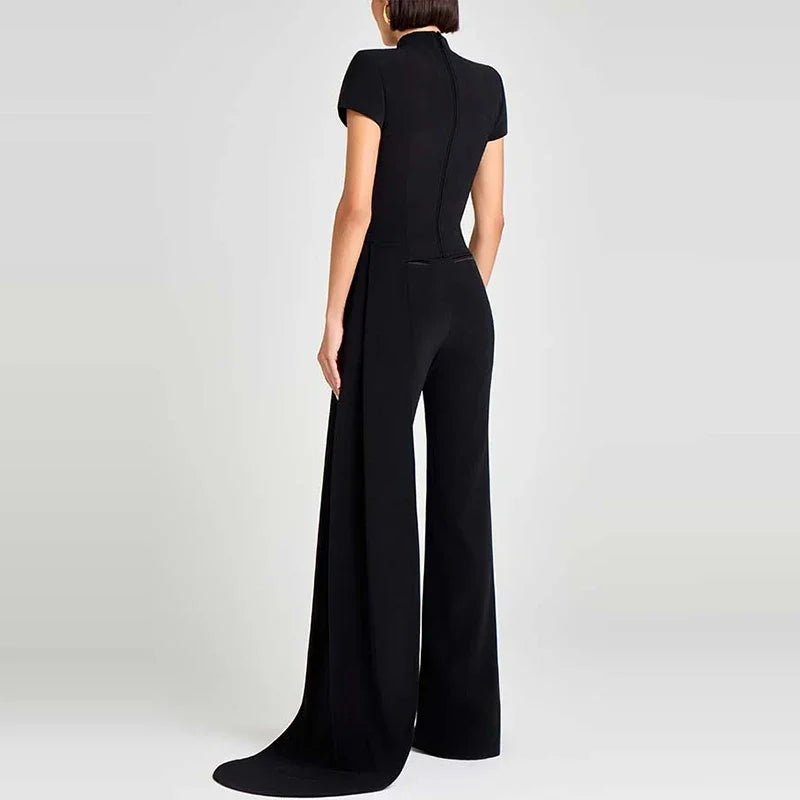 Women Elegant Commuting 2Pc Suit Fashion Stand Collar Solid Color Irregular Set Casual Short Sleeve Pullover & Long Pant Outfits