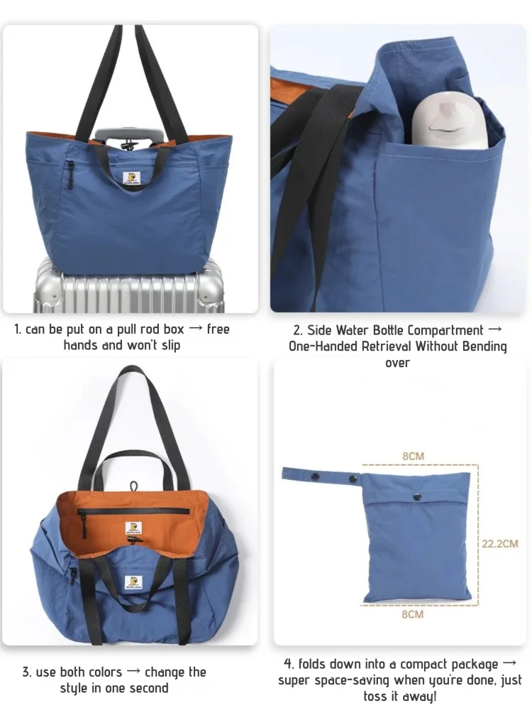 Reversible Travel Tote Bag Large Capacity Foldable Carry On Duffle Bag Canvas Shoulder Luggage Packing Bag for Women Men