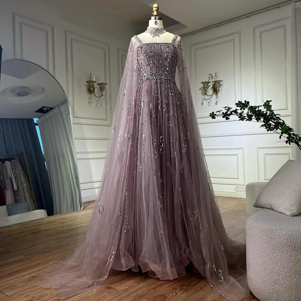Serene Hill 2025 Arabic Nude A Line Cape Sleeve Crystal Beaded Luxury Evening Dresses Gowns Formal Occasion Customize BLA72764