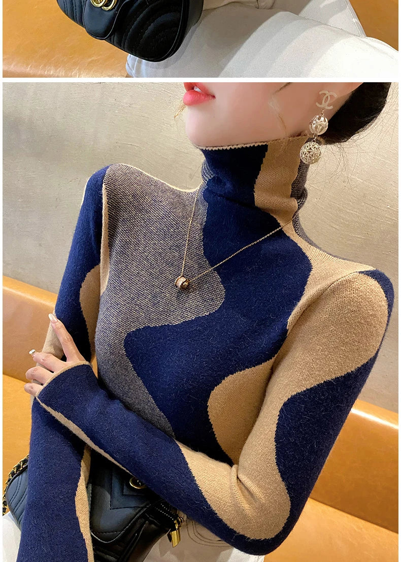 Women Clothing Vintage Fashion Slim Turtleneck Sweaters Autumn Winter Elegant Chic Patchwork Knit Pullovers Office Lady Tops