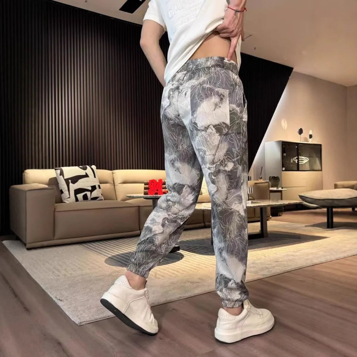 New Fashion  Spring Summer Men's  Straight Casual Pants Fashion Pocket Drawstring Guofeng Printing Breathable  Sports Trousers