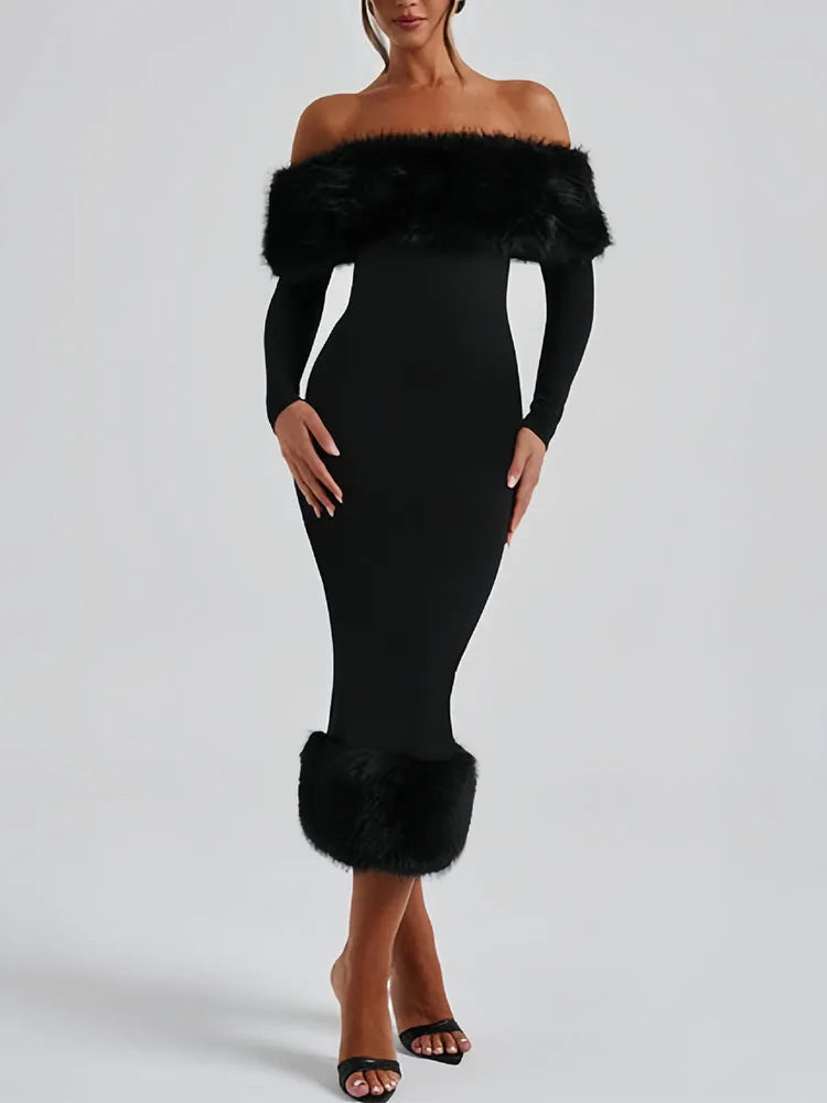 Women's clothing 2025 autumn and winter new fashion fur collar long sleeved temperament slim evening dress dress
