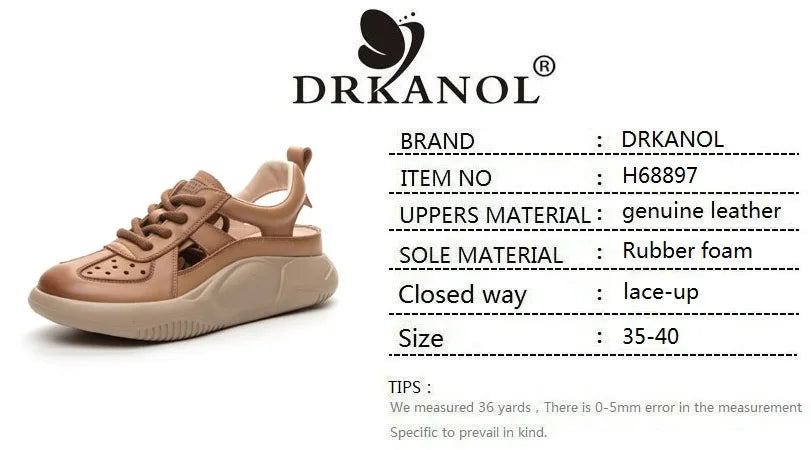 DRKANOL Platform Sandals Women Summer Round Toe Shoes Lace-Up Genuine Leather Thick Bottom Lightweight Casual Sneakers Sandals