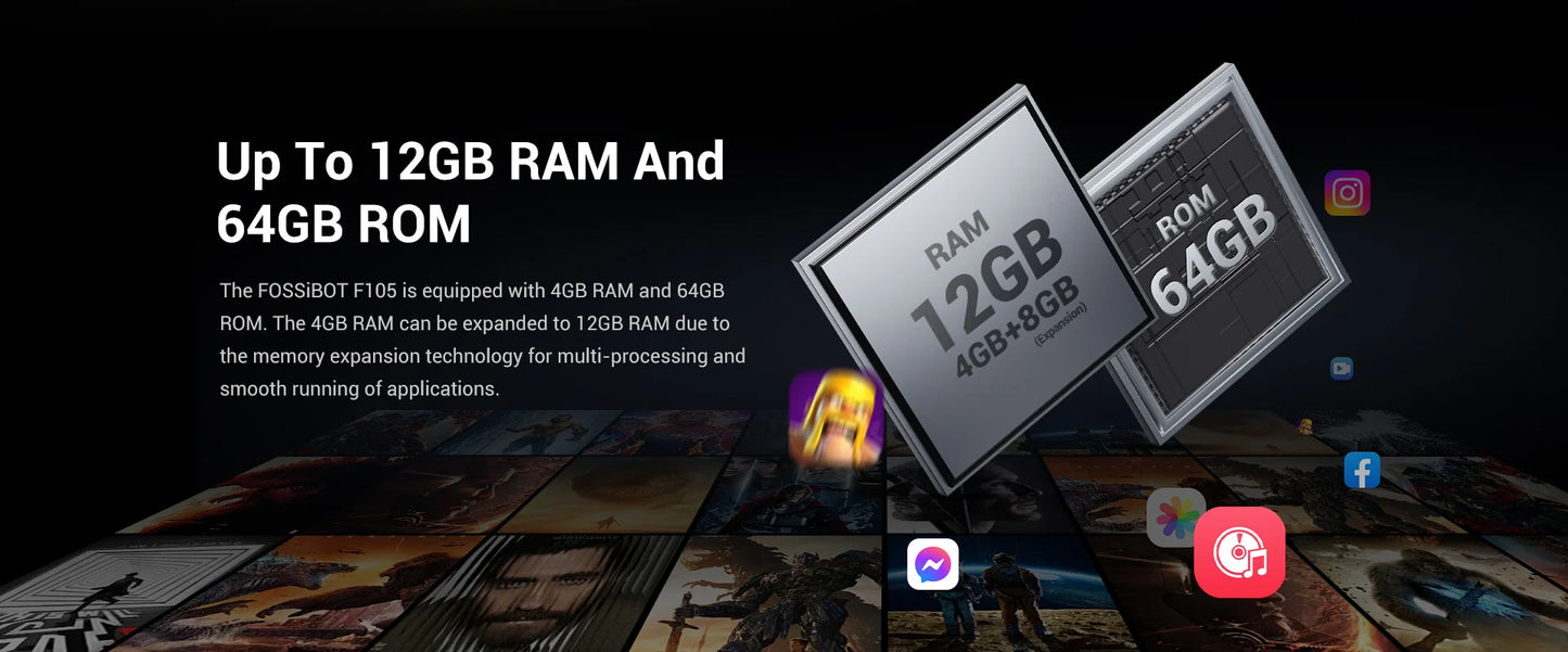 [العرض العالمي الأول] هاتف FOSSiBOT F105 الذكي المتين بنظام تشغيل أندرويد 14 وذاكرة وصول عشوائي 12 جيجابايت وذاكرة داخلية 64 جيجابايت وكاميرا 20 ميجابكسل وشاشة 6.745 بوصة عالية الدقة وشاشة IPS