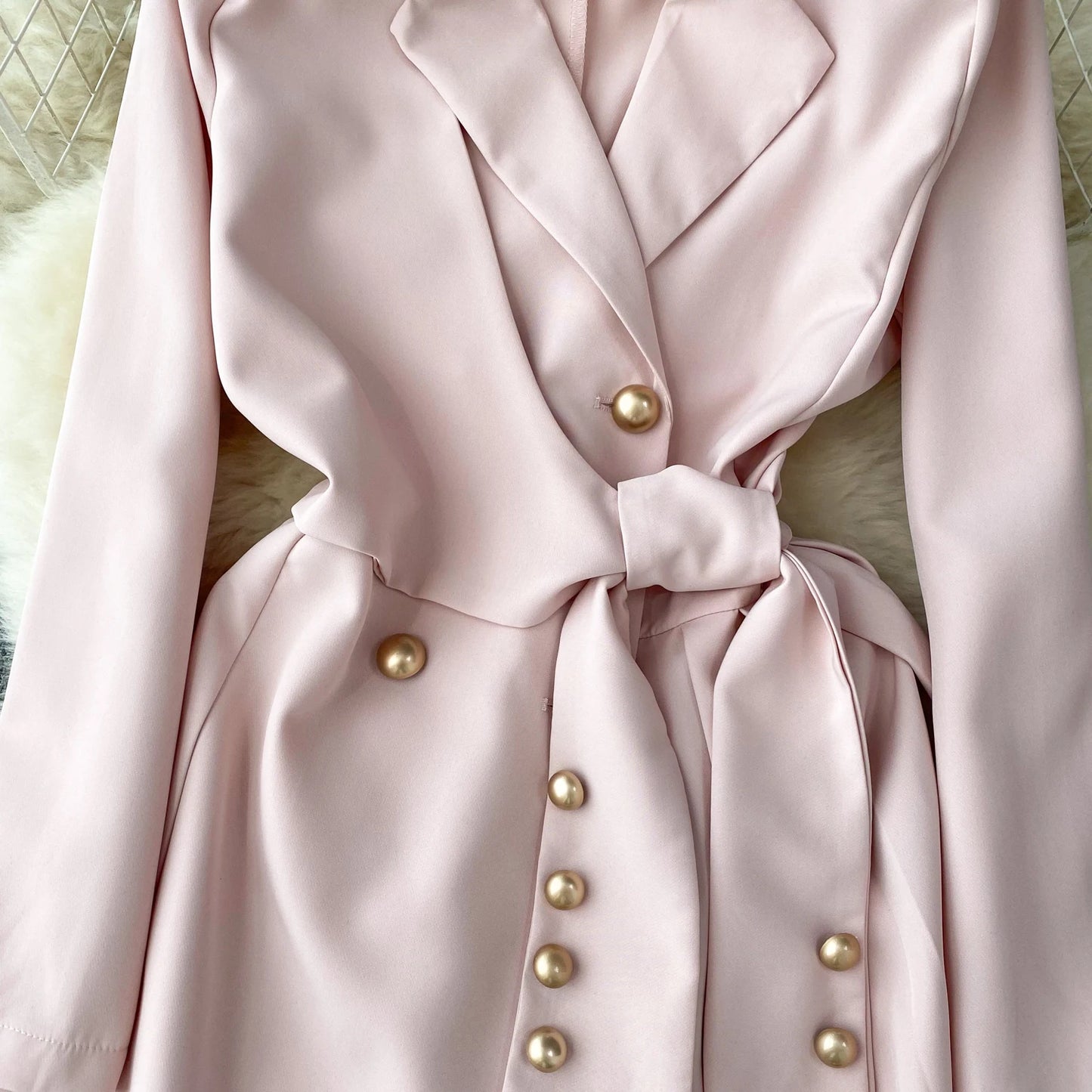 Women's Fashion Trendy Office Coat Dress Ladies Age Reduce Suit Collar Strap Tight Fit Short Pleated Long Sleeve Dress Coat