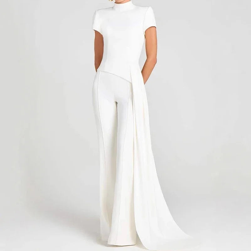 Women Elegant Commuting 2Pc Suit Fashion Stand Collar Solid Color Irregular Set Casual Short Sleeve Pullover & Long Pant Outfits