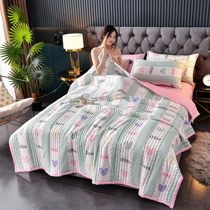 لحاف صيفي من القطن المغسول، لحاف مكيف للهواء، بطانية ناعمة وجيدة التهوية، مفرش سرير مطبوع عليه أوراق رقيقة، غطاء سرير، منسوجات منزلية