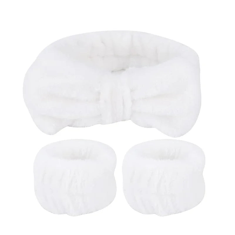 مجموعة من 3 قطع من عصابة رأس لغسل الوجه، أداة تنظيف الوجه، ربطة شعر على شكل فيونكة، أساور معصم مرنة لغسل الوجه