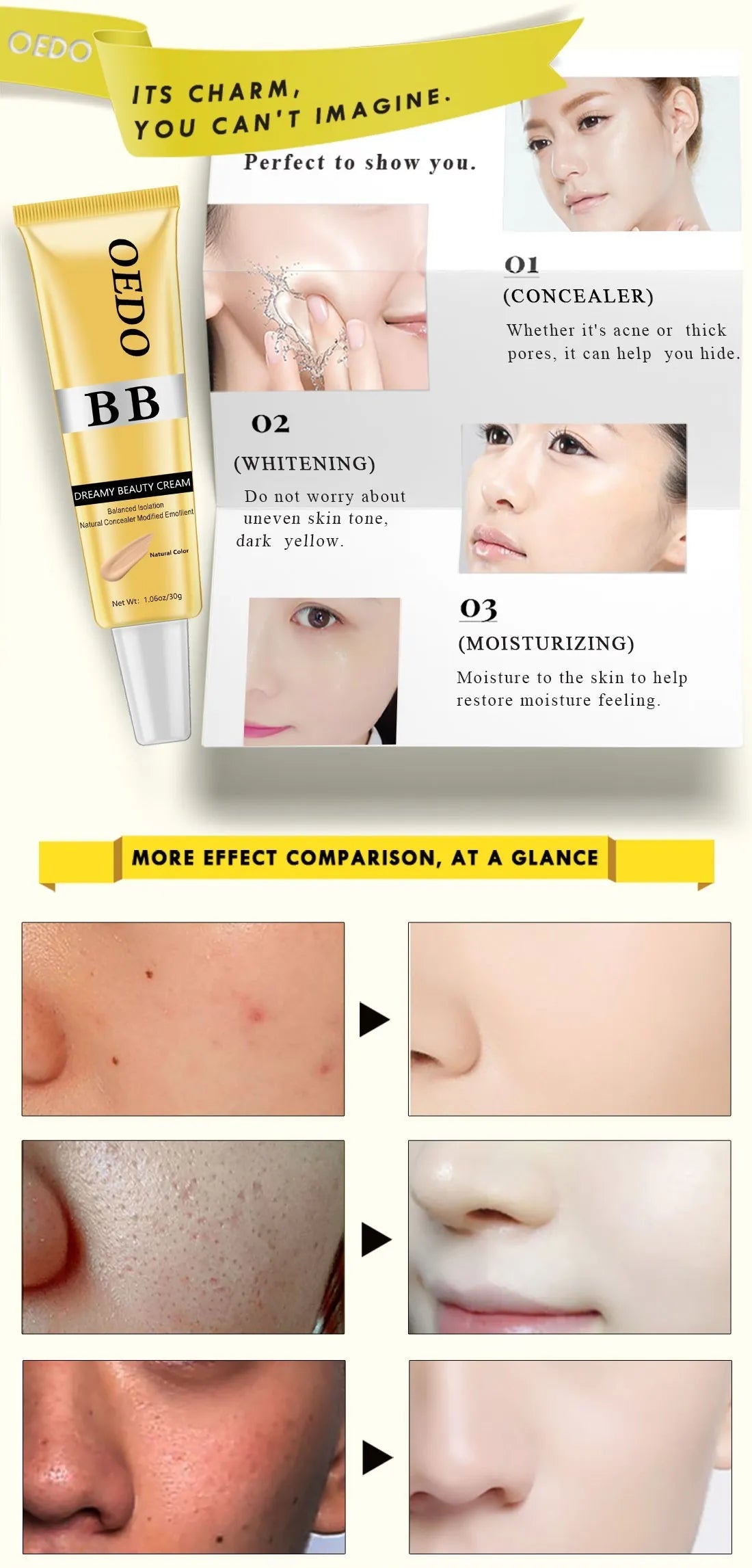 كريم مكياج Dreamy Beauty، كريم إخفاء العيوب الطبيعي، كريم BB للعناية بالوجه، مرطب معدل، سهل الاستخدام، كريم تبييض واقٍ من الشمس، 30 جرام