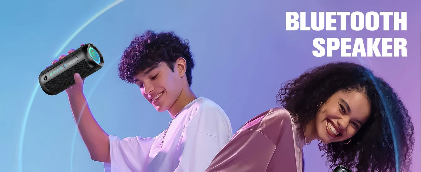 مكبر صوت محمول بتقنية بلوتوث، مكبر صوت بتقنية بلوتوث 5.4، مكبر صوت مزدوج بقوة 30 وات، صوت جهير عميق، مدة تشغيل تصل إلى 30 ساعة، 3 أوضاع معادل صوت، أضواء RGB ملونة