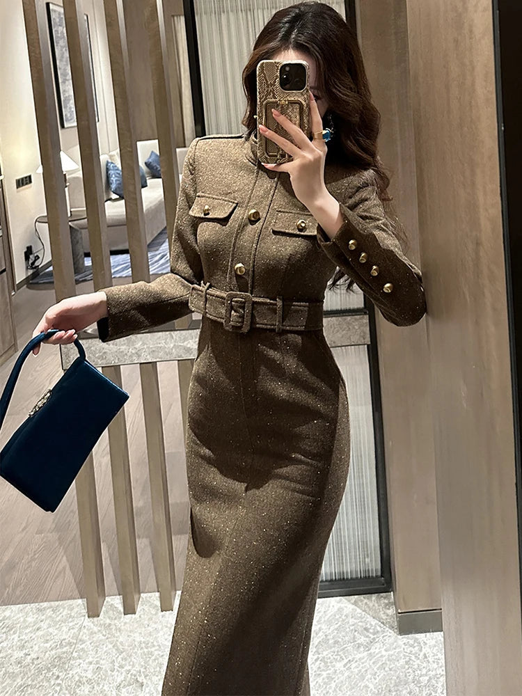 فستان رسمي أنيق للنساء، فستان نسائي احترافي عتيق بحزام صدر واحد، رداء متوسط ​​الطول، فستان حفلات عمل نسائي