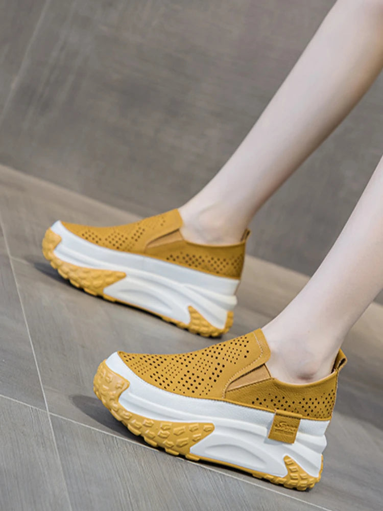 Fujin 7cm Genuine Leather Women Vulcanized Platform Wedge Chunky Sneaker Casual Stable Fashion Skate Boarding High Brand Shoes